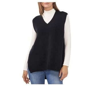 Vince Camuto Women`sOversized Sweater Vest Black Rib Knit Large‎ NWT